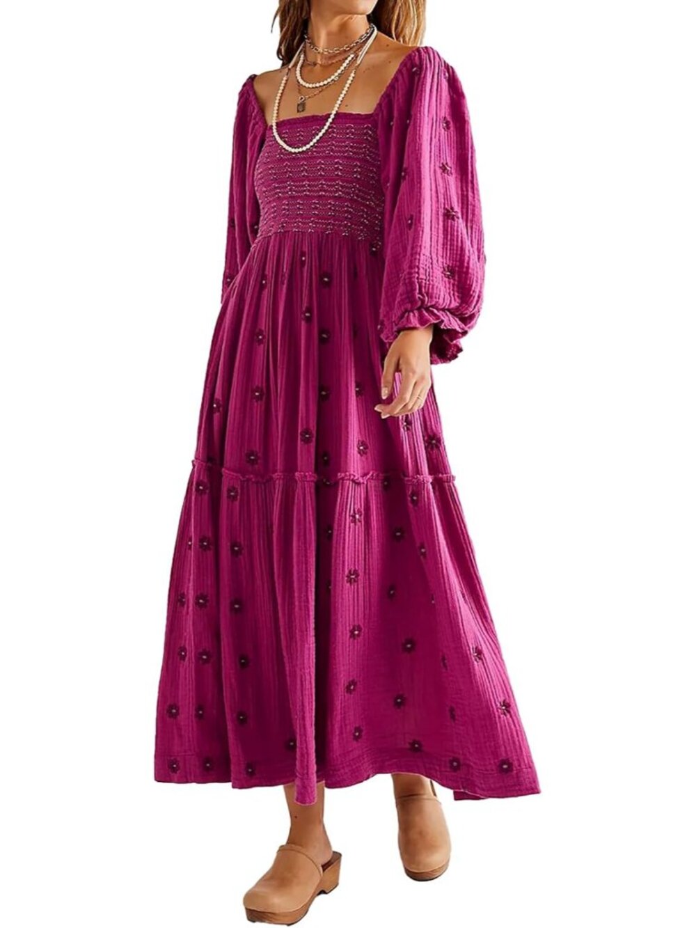 Women Floral Embroidered Maxi Dress Long Puff Sleeve Square Neck Bohemian Flowy
